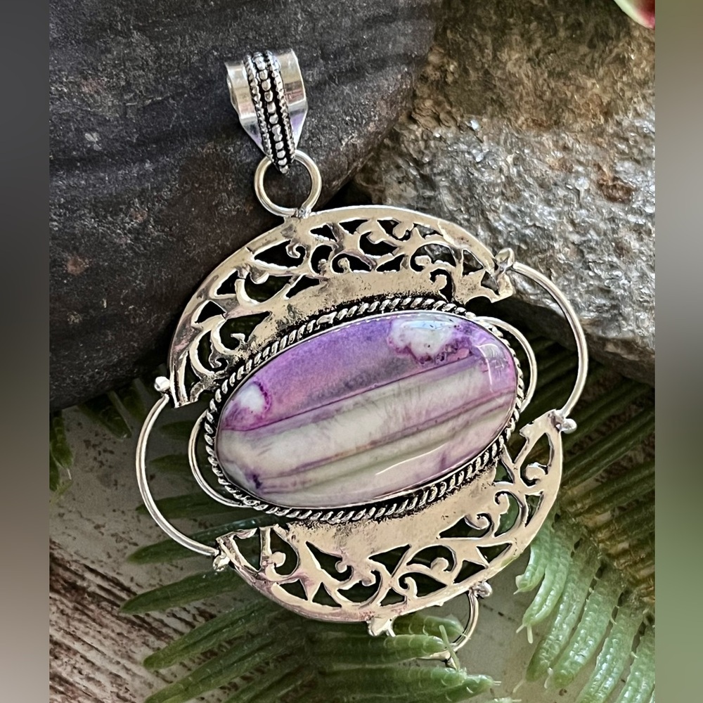 Purple Dendrite Opal Gemstone 2.8” Sterling Silver Pendant - Picture 3 of 6